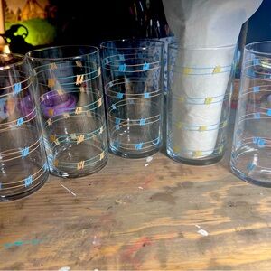 Vintage set of 5 blue & orange squiggle Tumblers 1983 Pier one 16oz